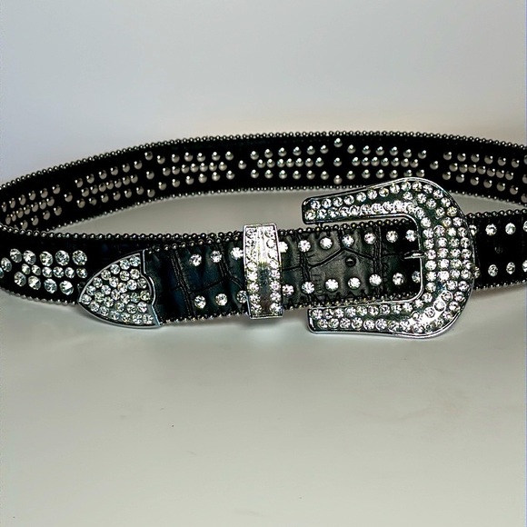 Y2K GENUINE LEATHER BLACK rhinestones changeable buckle 2019 Small rockstar - Picture 4 of 17
